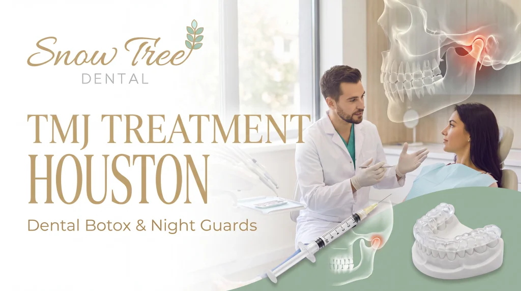 TMJ treatment Houston consultation at Snow Tree Dental—discussing dental Botox and a bruxism night guard to ease jaw pain from teeth grinding.