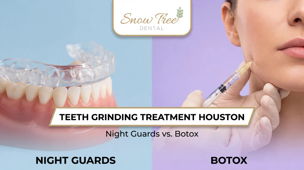 Night guard vs. Botox for teeth grinding treatment Houston patients are considering at a local dentist, discussing bruxism and jaw tension relief