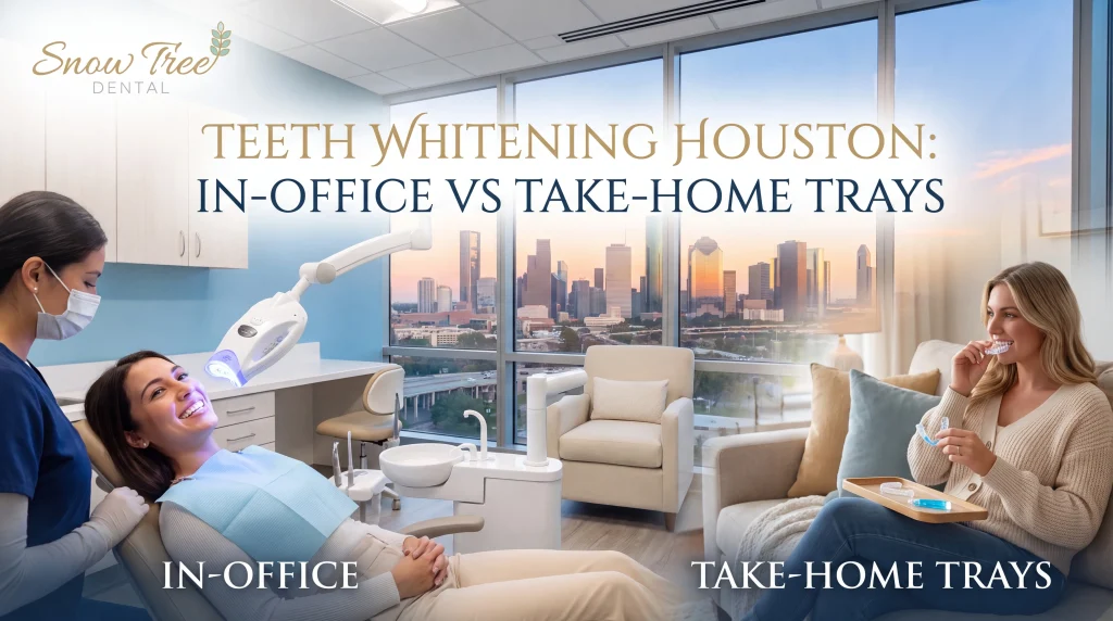 Patient at a Houston dentist comparing in-office treatment and take-home trays for teeth whitening Houston at Snow Tree Dental