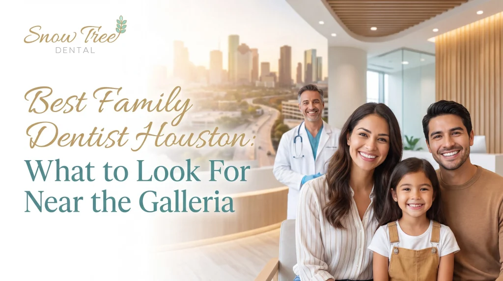 Parents and child speaking with a gentle dentist at a Houston dental office, finding the best family dentist Houston for all ages
