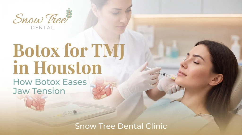 Dentist providing Botox for TMJ in Houston to ease jaw pain and jaw-clenching tension during a gentle exam at Snow Tree Dental