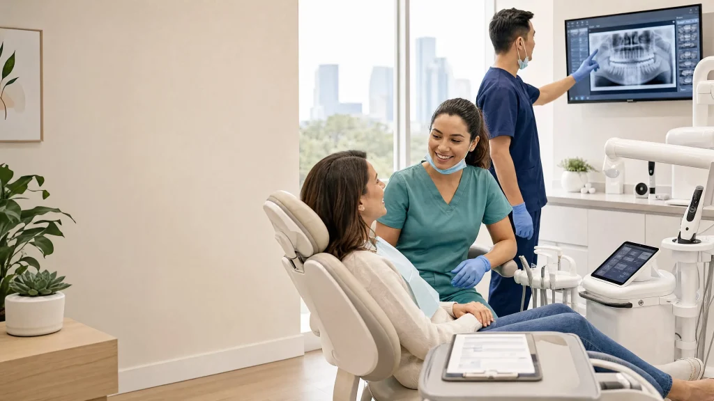 cleaning Houston: patient during a routine checkup while the dentist reviews digital X-rays