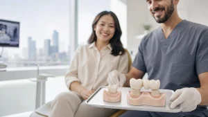 Crowns vs bridges Houston: a dentist comparing a single dental crown and a multi-tooth bridge model to explain costs, pros and cons for tooth replacement