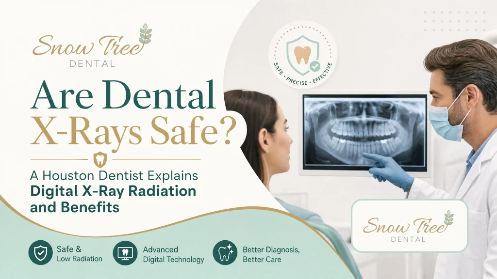 Houston dentist discussing “are dental x-rays safe” while reviewing low-radiation digital X-rays on a chairside monitor