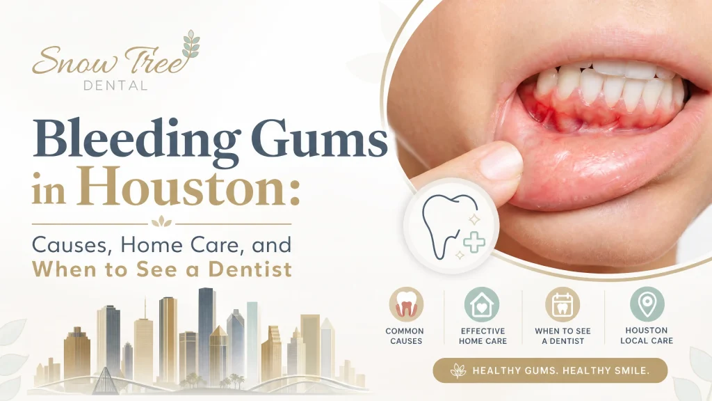 Person gently brushing along the gumline to manage bleeding gums, showing proper technique recommended by a Houston dentist