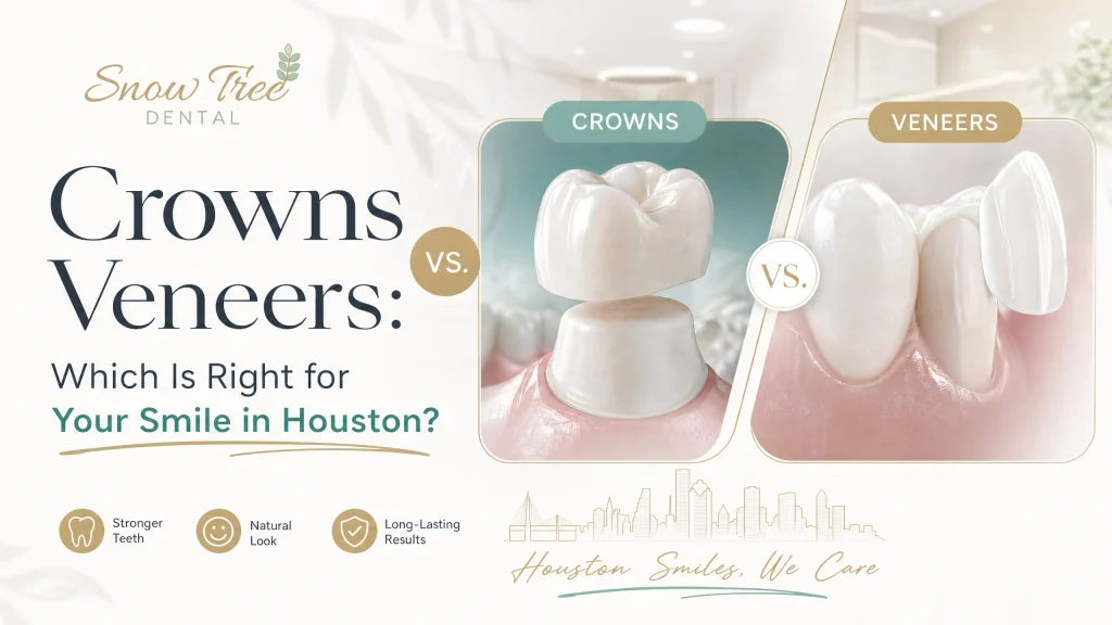 Close-up of a smile with an illustration comparing crowns vs veneers from a Houston dentist