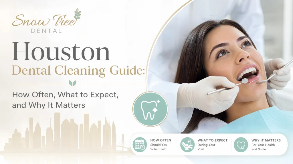 Dental hygienist performing a gentle dental cleaning in Houston for an adult patient, with tartar removal and fluoride preparation at Snow Tree Dental.