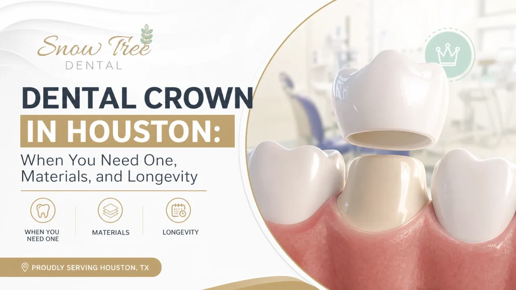 Dentist discussing a dental crown in Houston with a patient, reviewing materials and longevity for a cracked tooth