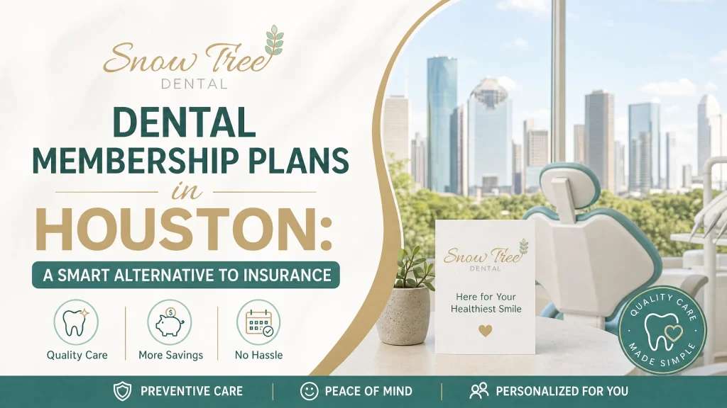 Patient reviewing a dental membership plan Houston option with a Snow Tree Dental dentist during a friendly consultation