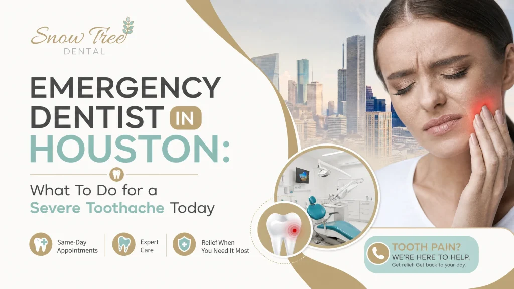 Woman holding her jaw in pain while calling an emergency dentist in Houston for same-day toothache relief at Snow Tree Dental