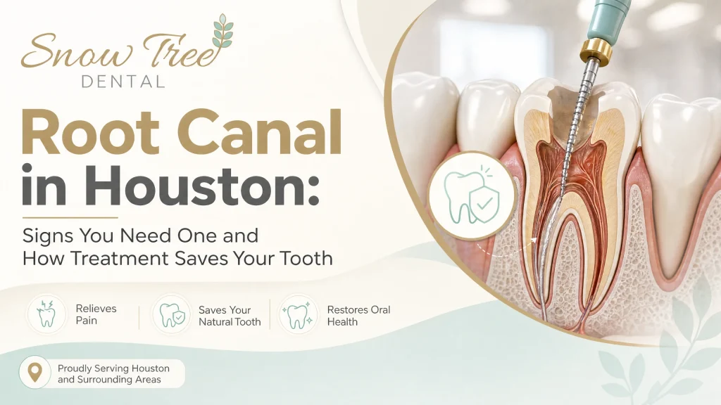 Root Canal in Houston | Gentle Endodontic Therapy to Relieve Dental Pain Houston dentist discussing a root canal in Houston with a patient, reviewing root canal symptoms and how endodontic therapy treats tooth infection to relieve pain and save the tooth
