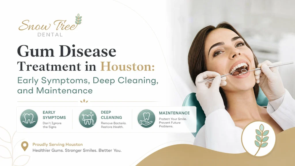 Dentist showing a patient inflamed gums on a monitor while discussing gum disease treatment in Houston