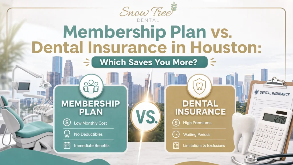 Dental Membership Plan Houston vs. Dental Insurance | Snow Tree Dental Houston patient comparing a dental membership plan Houston option with PPO insurance at Snow Tree Dental for clear, predictable costs