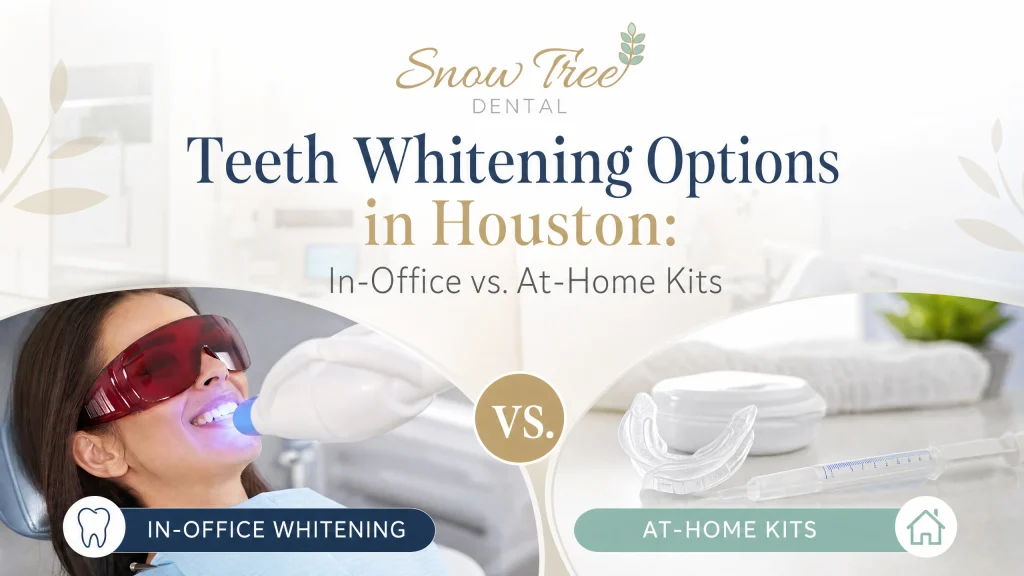 Teeth whitening Houston consultation: dentist and patient comparing in-office treatment and at-home kits.