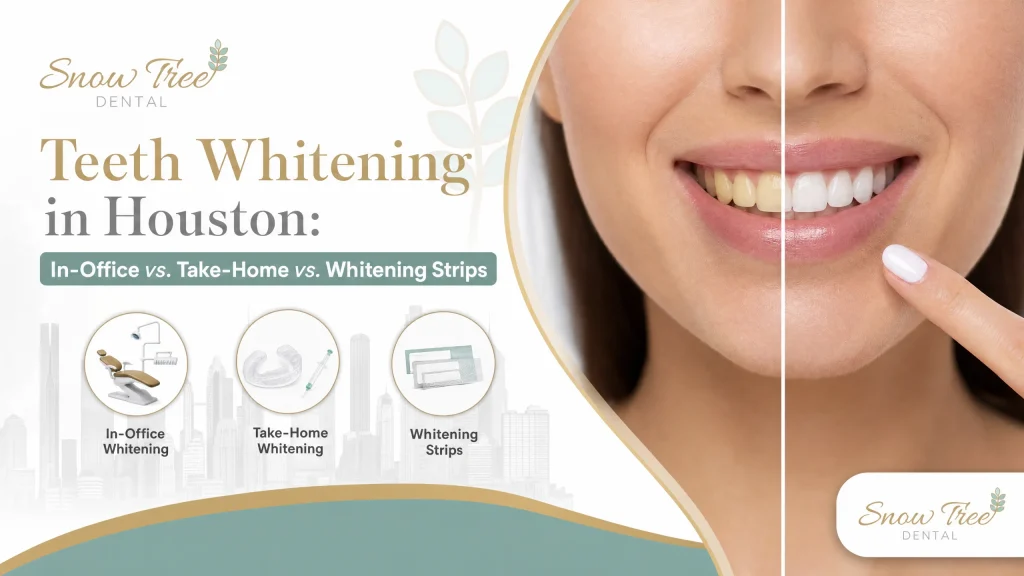 Patient consulting a cosmetic dentist in Houston about teeth whitening in Houston—comparing in-office treatment, custom take-home trays, and whitening strips to brighten teeth safely and reduce whitening sensitivity.