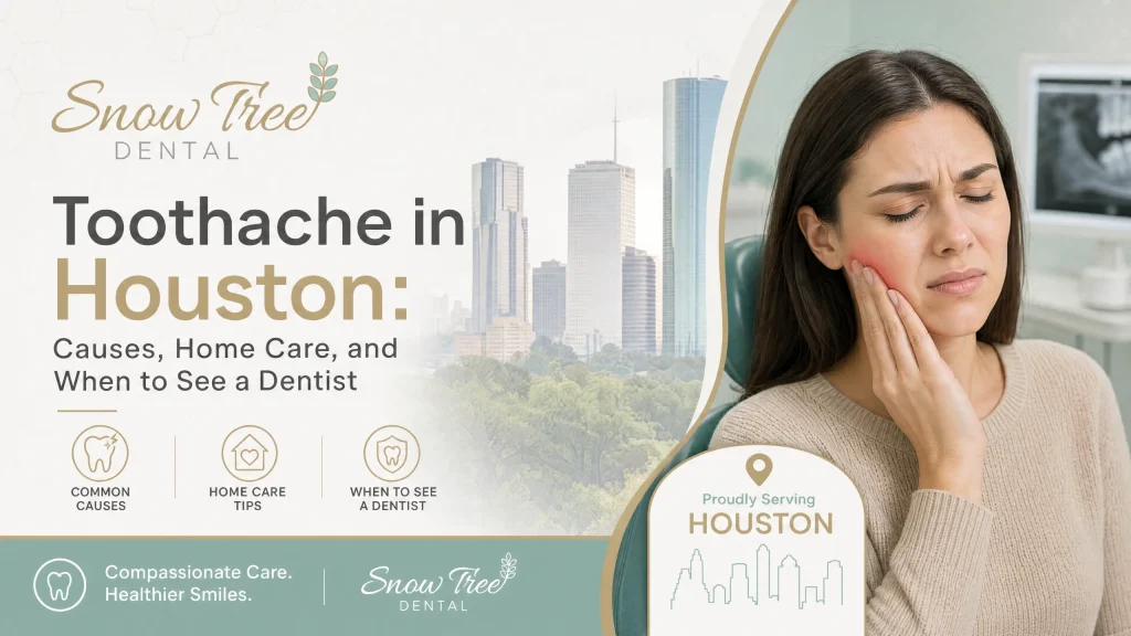 Person holding their cheek in pain, illustrating a toothache in Houston and the need to see a dentist if pain or swelling worsens